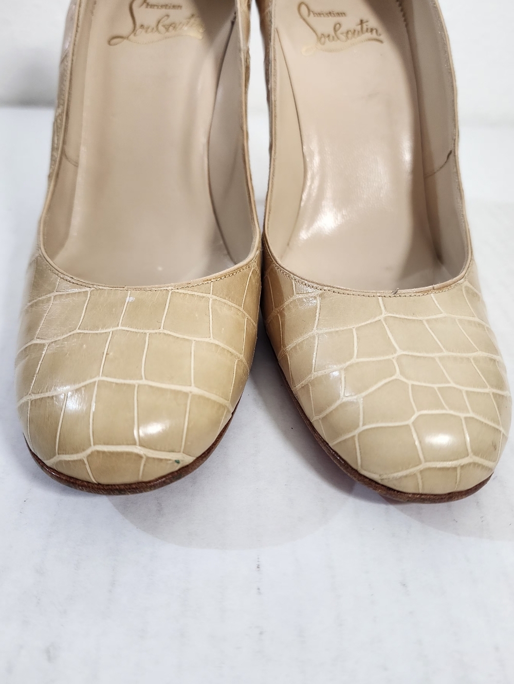 Christian Louboutin Vintage Nude Embossed Leather Cap Toe Pumps Heels EU 37 - Picture 2 of 14